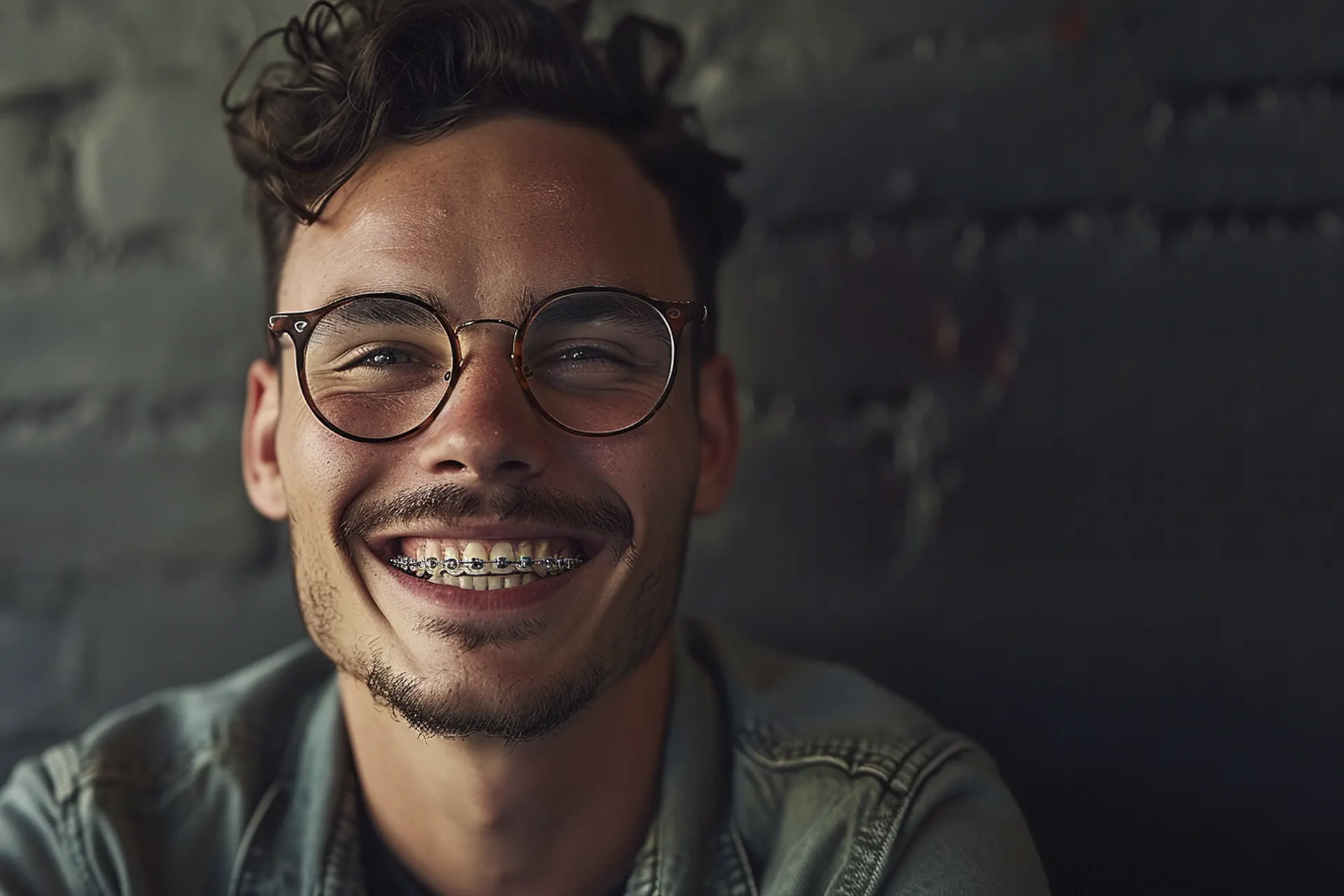 Hombre con ortodoncia de brackets sonriendo
